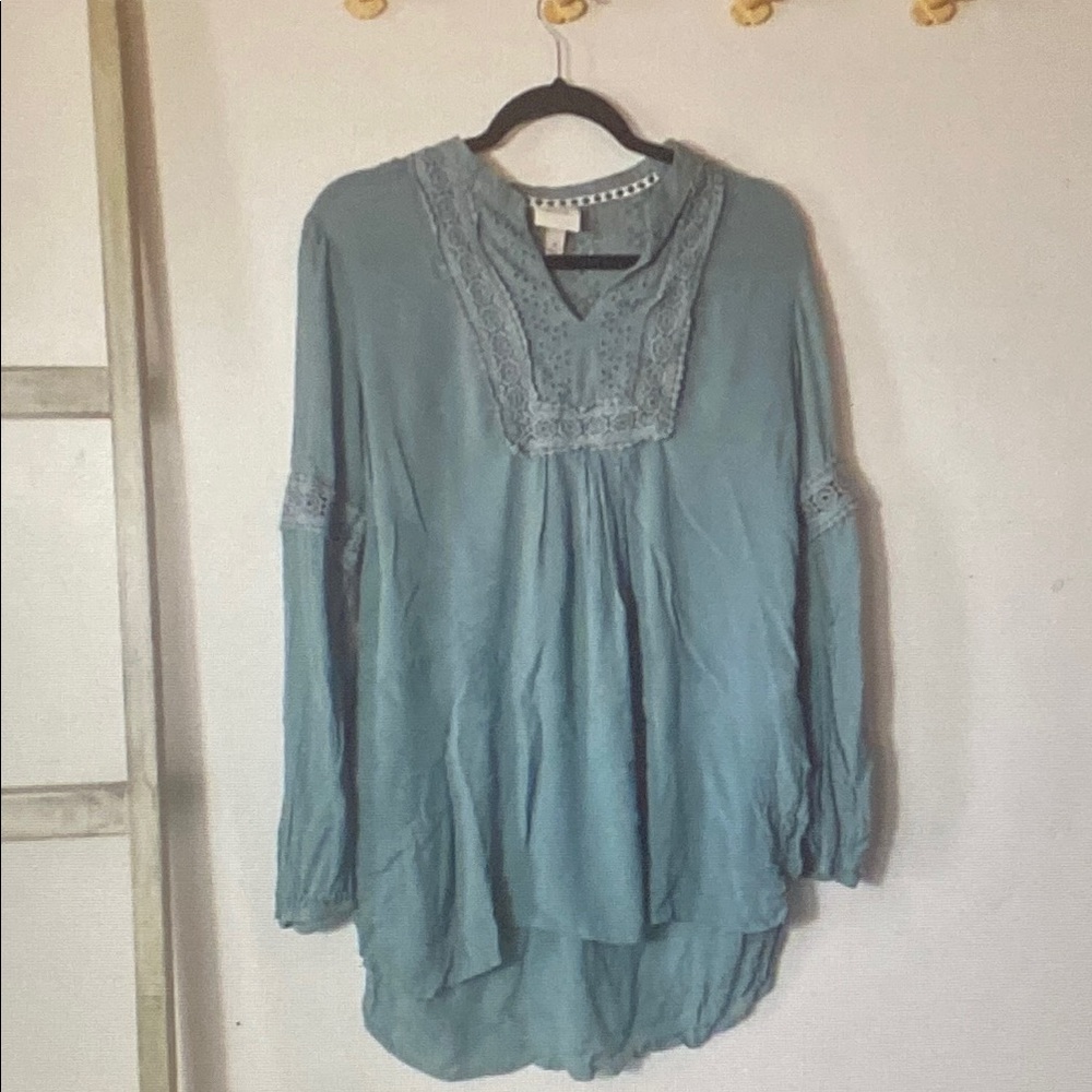 Knox Rose Dusty Teal Lace-Trim Boho Tunic